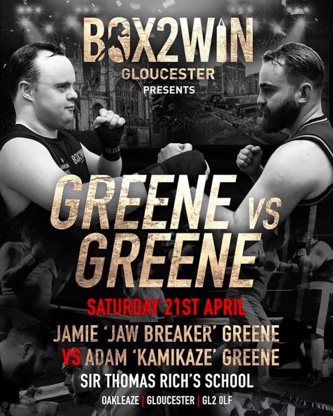 caseystransfers's tweet photo. Here it is!!!!!! Battle of the Brothers. Itโs going to be a war between @jamie_greene_box2win and @greener86 #box2win 21st April at sir Tommy richs school in #Gloucester. Come down to support a great cause. #boxing #charity #downsyndrome #downsyndromeawareness #caseystransfers https://t.co/mSqv6hoZrJ