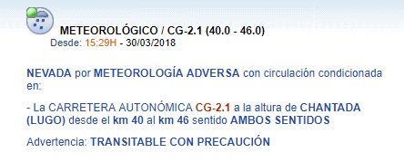DelGobGalicia's tweet image. #NEVADA nivel VERDE en #CG21, entre los kilómetros 40 y 46, en CHANTADA (#LUGO). Transitable con precaución. #DGT