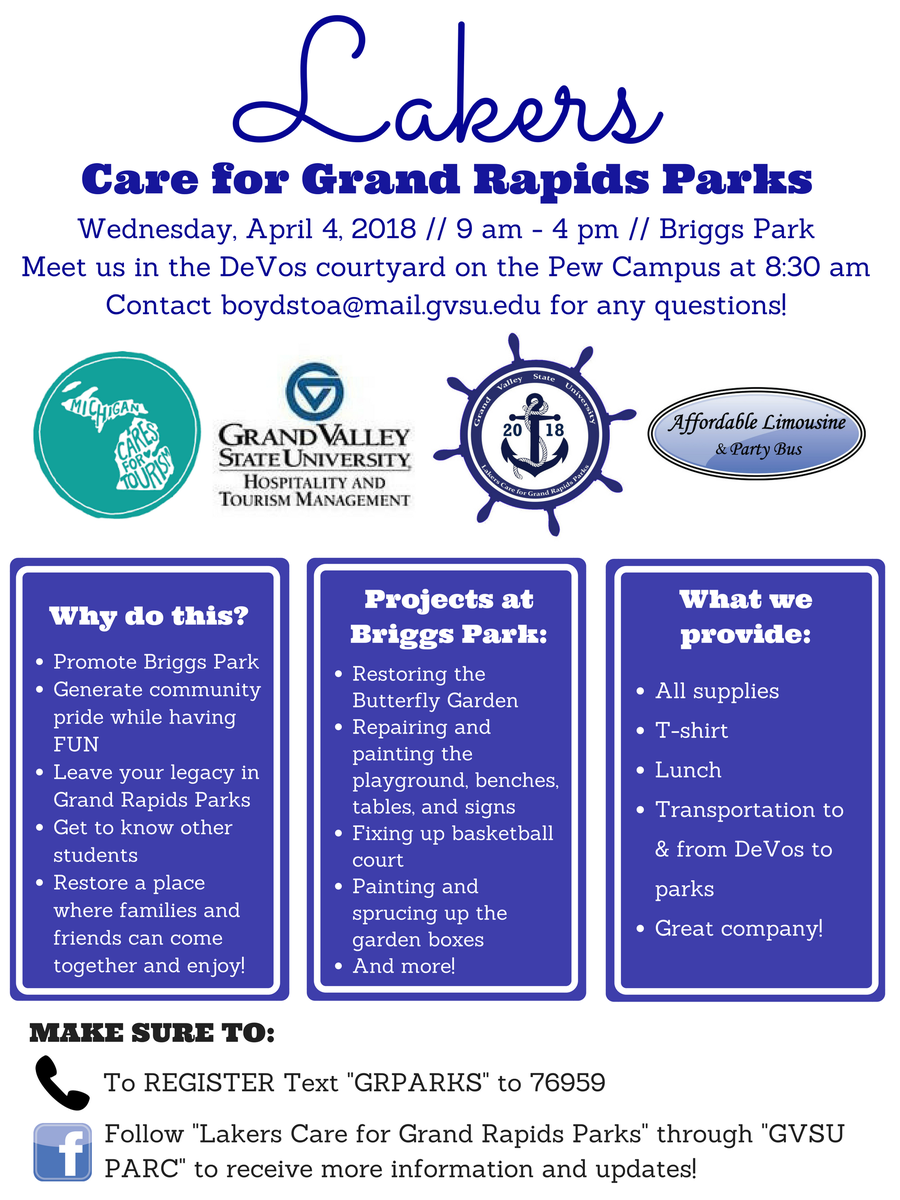 Looking for an opportunity to volunteer and give back to #GrandRapids? If yes, then Lakers Care for Grand Rapids Parks, taking place next Wednesday, April 4, is the event for you! Text "GRPARKS" to 76959 to register! #GVSUHTM #MC4T

Facebook Event: facebook.com/events/1748568…