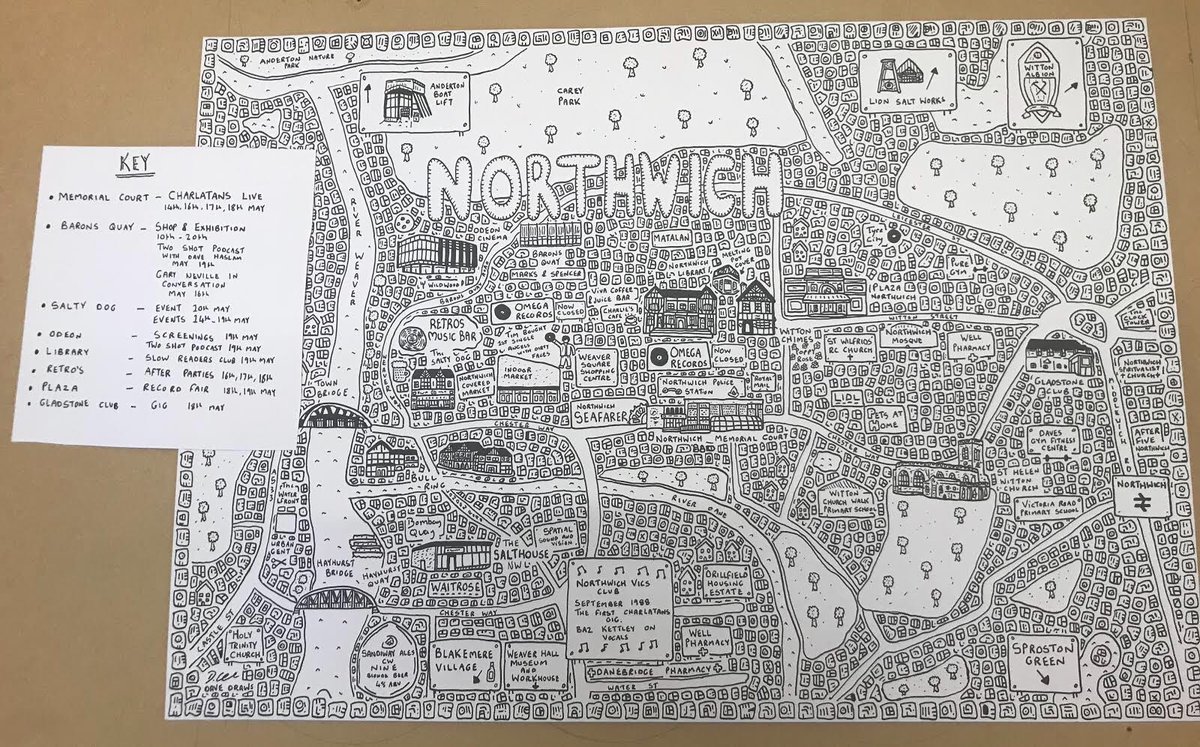Tim_Burgess's tweet photo. Retweet to win. North by Northwich map signed by us (The Charlatans) and Dave (the artist) #CWNine #NorthByNorthwich. Winner picked at random on Monday (2nd April) at 10pm. https://t.co/BSodPoMwdh