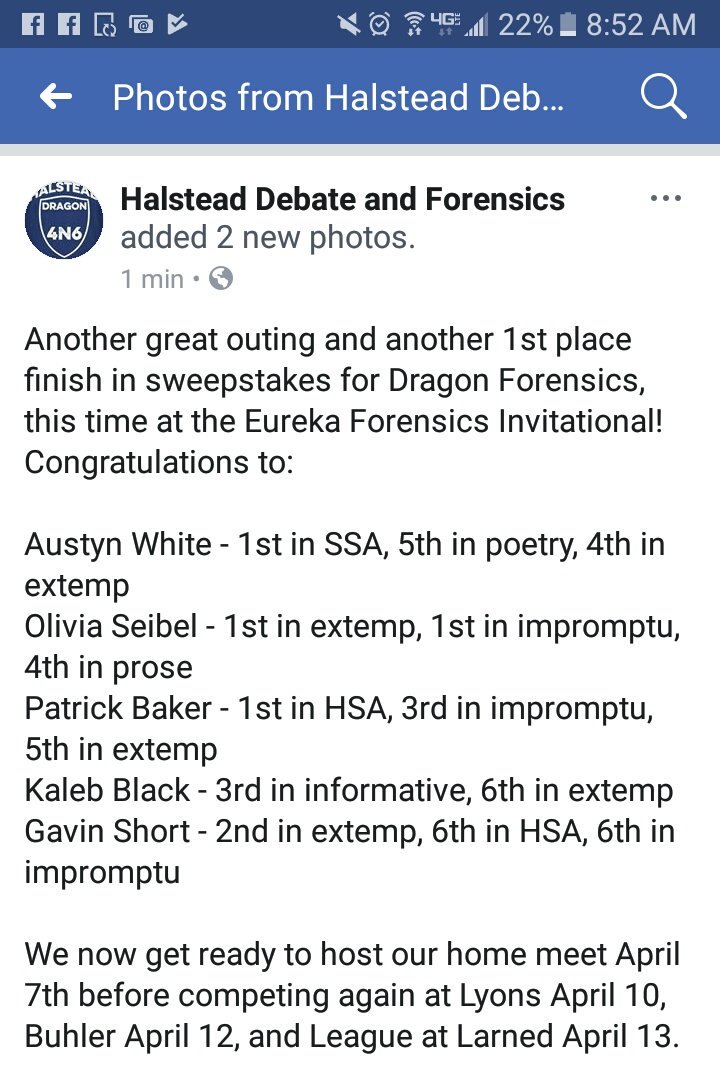 HHS_Debate_4N6's tweet photo. You know it was a good outing for #Halsteadhs forensics when I don't have enough room to put in all the results! Another 1st place finish in sweepstakes last night! Congratulations to medalists pictured below! https://t.co/FlXDNnz20g