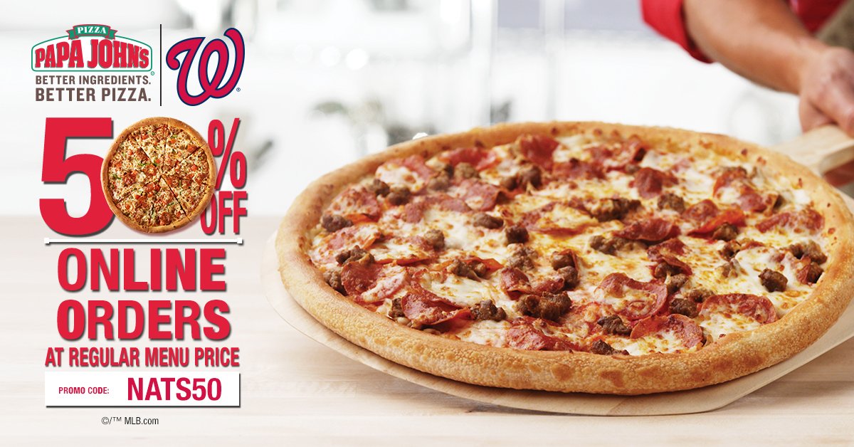 PapaJohns_DMV's tweet photo. .@Nationals baseball is back and we're celebrating with 50% OFF EVERYTHING today at https://t.co/7xFcvSJrvT! Let's Go Nats! #NATS50 #OnePursuit https://t.co/eu9XsiUR26