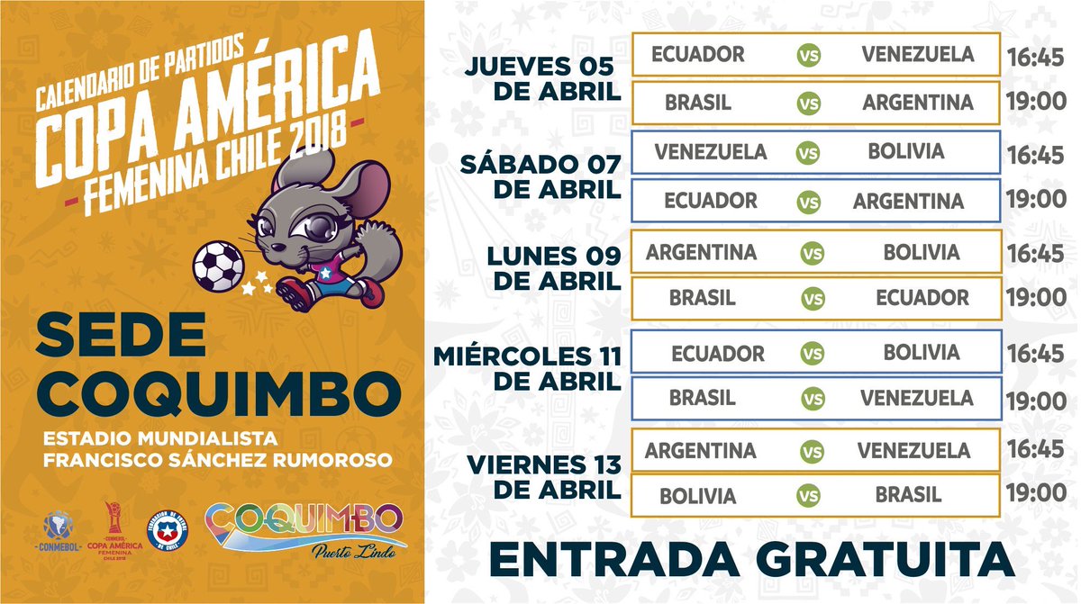 lentefutfem's tweet photo. Observa aquí la programación de los partidos en la sede Coquimbo. #CopaAméricaFemenina2018 👇 https://t.co/LstYMX6V8g