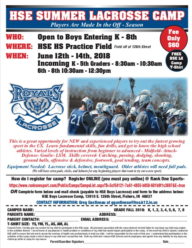HSE boys lacrosse camp info!  Hone your skills or try a new sport! <a href="/HSE_FishersLAX/">HSE-Fishers Lacrosse</a>