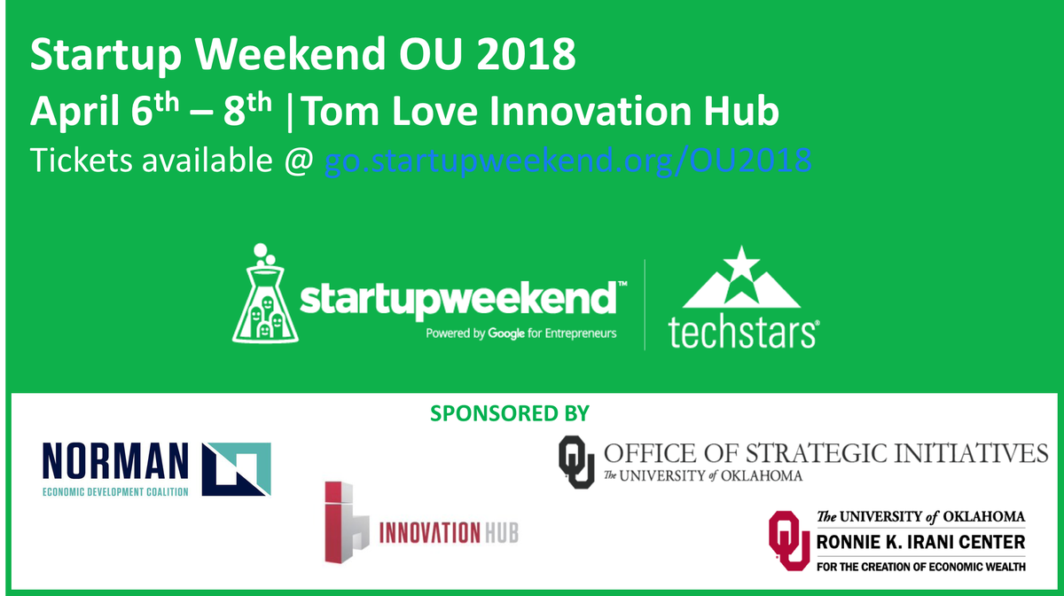 We're 1 week out from Startup Weekend OU 2018! Join us April 6th - 8th at the Tom Love Innovation Hub where we'll be taking teams from idea to small business in 54 hours!

Find tickets and more info at: go.startupweekend.org/OU2018