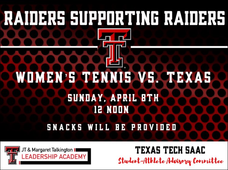 TexasTechSAAC's tweet photo. 🚨Come out next Sunday and support your Lady Raider Tennis squad as they take on UT at 12 noon!🚨#RaidersSupportingRaiders #WreckEm https://t.co/aTrp2sNPas