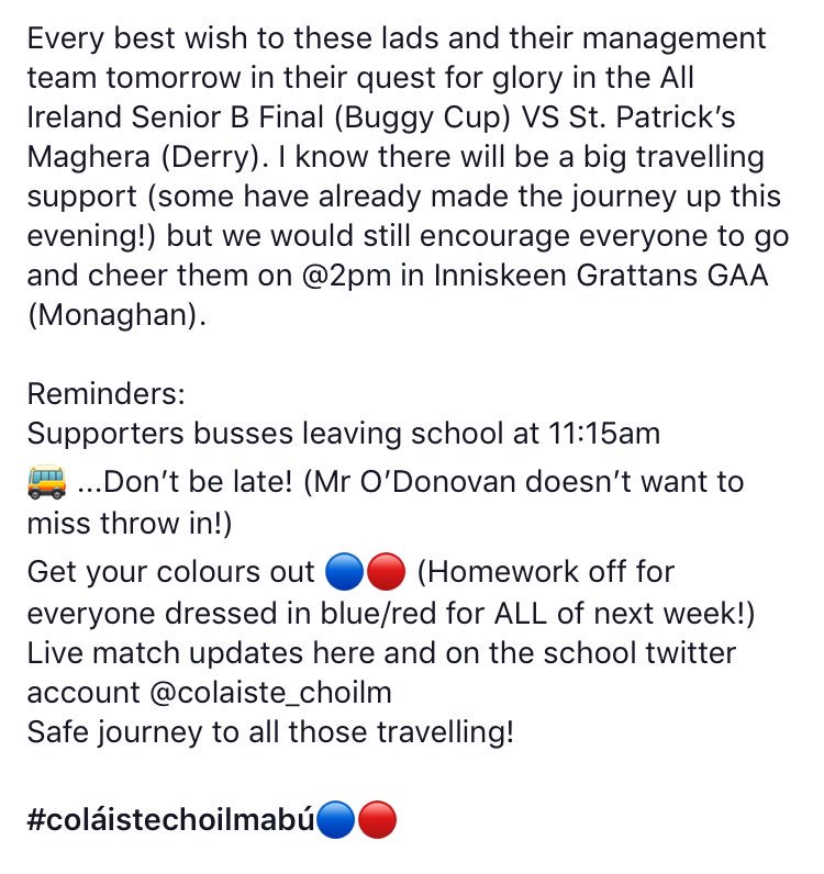colaiste_choilm's tweet photo. 1 sleep to go before tomorrow’s All Ireland Senior B Hurling Final! 🔵🔴 https://t.co/bJSkLAaPxy