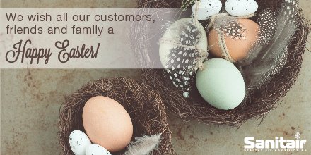 Sanitair1's tweet photo. Happy Easter - Hope you have an Eggsellent Day 🐣🐰
Sanitair Head office is closed over the Easter long weekend. https://t.co/WOMCNhqEwB
