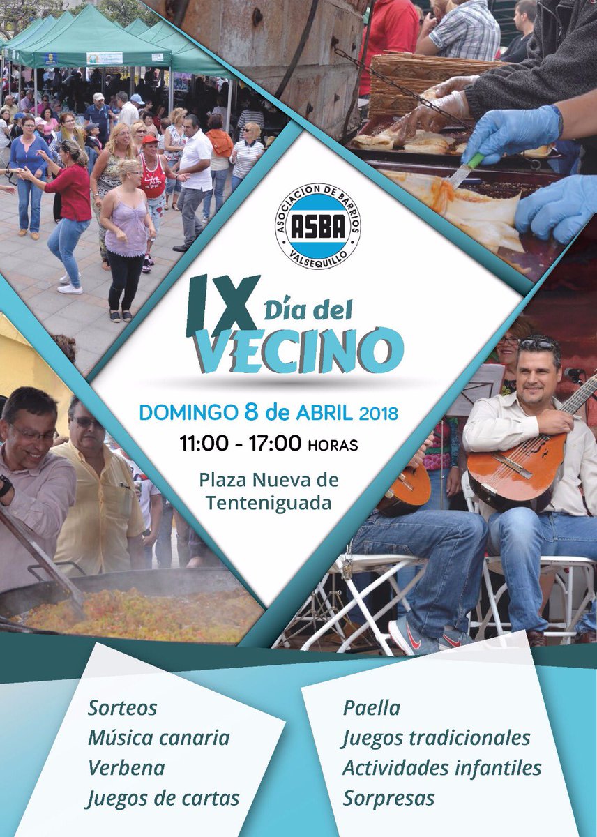 AsbaValsequillo's tweet photo. Ya tenemos fecha!! Volvemos a celebrar el Día del Vecino. El próximo 8 de abril, en Tenteniguada, el grupo ASBA celebrará el IX Día del Vecino. Un nuevo encuentro con todos aquellos que quieran compartir con nosotros un día lúdico y de convivencia en un ambiente alegre y ameno. https://t.co/JONOZzfTKG