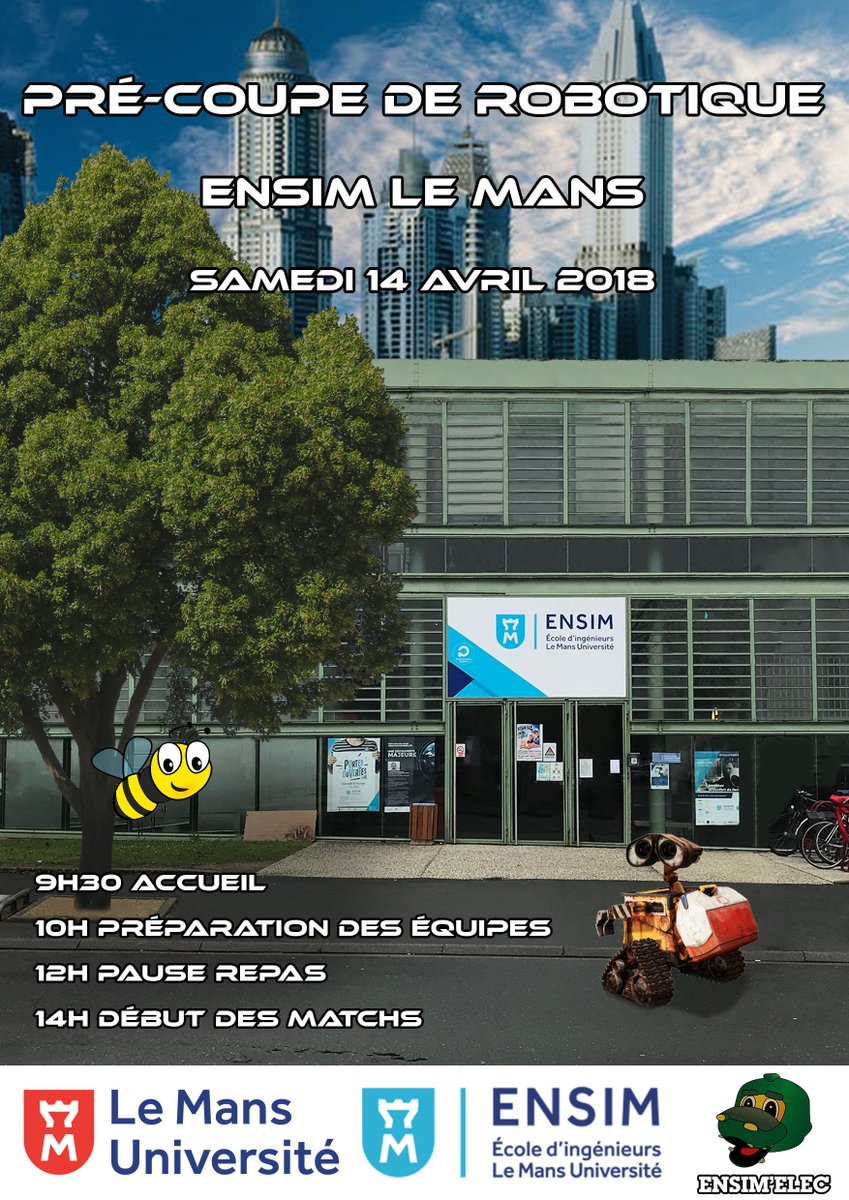 Ensimelec's tweet photo. Ensimiens, Ensimiennes,
Rendez-vous le samedi 14 Avril 2018 à l'ENSIM pour assister à la Pré-Coupe de France de Robotique organisée par ENSIM'Elec ! Venez rencontrer des équipes participant à la Coupe et soutenir votre crocodile préféré lors des matchs ! On vous attend nombreux ! https://t.co/uADZfNWuQb