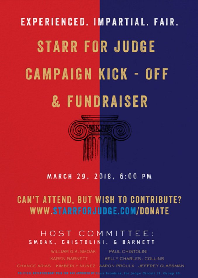 SmoakChistolini's tweet photo. SCB's Starr Brookins is running for Judge. We held the Campaign Kick-Off &amp; Fundraiser last night. https://t.co/tOoUdNrRAm