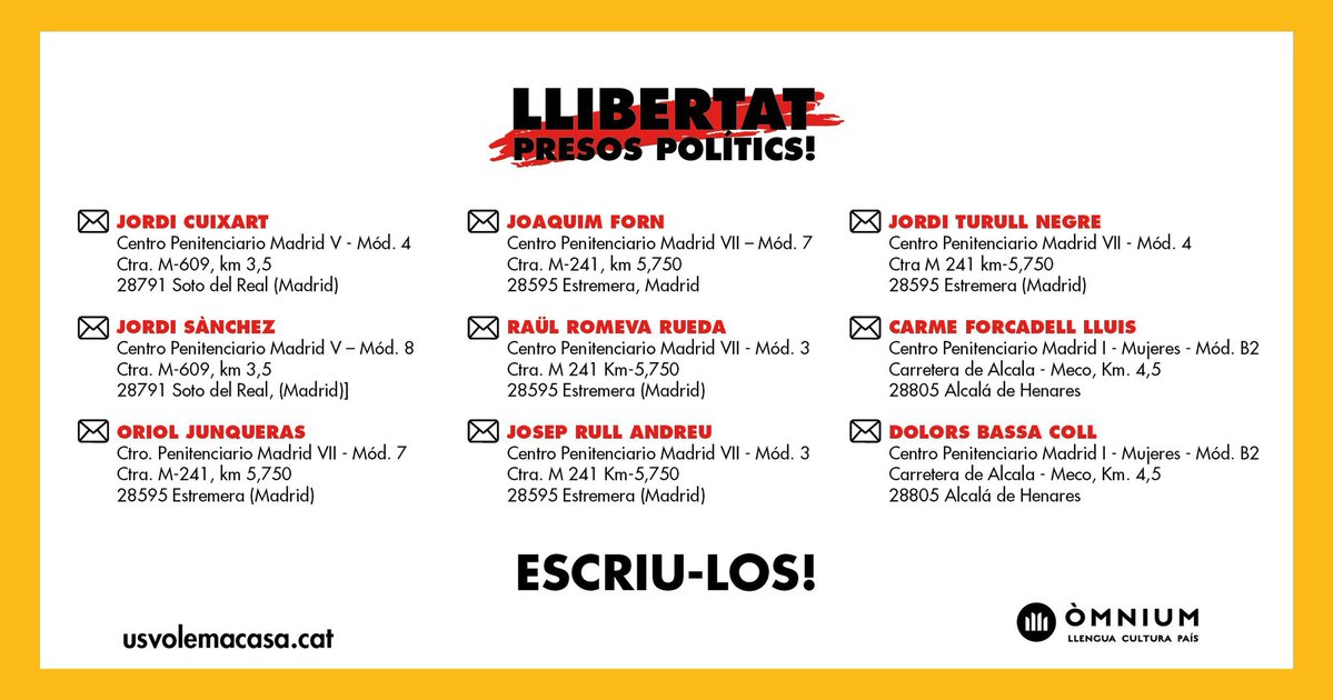 JoventRepublica's tweet photo. Aquesta Setmana Santa és un bon moment per escriure 🖋️ a l'Oriol, els Jordis, la Carme, en Joaquim, la Dolors, en Josep i en Raül. 

⚠ No us oblideu d'escriure el remitent! 
#LlibertatPresosPolitics

Aquí teniu les adreces de totes i tots ells 👇🏻 https://t.co/BOEHY3ekwO