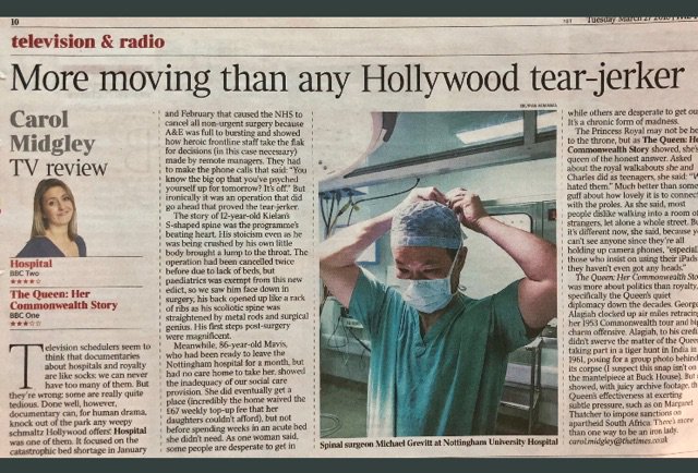 Another spinal story Tues 10th April BBC2 9PM #Hospital #wearethehospital #teamNUH