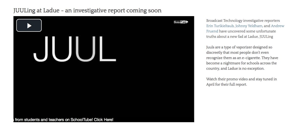 ladueview's tweet photo. JUULing at Ladue - an investigative report coming soon. @erintmedia @jmymedia &amp; @andrewfmedia have a new promo about the story. Stay tuned in April for the full report. https://t.co/dDHnm71ZnB #JEA #stuvoice #juuling #powerofvideo https://t.co/5nhu75DVOc