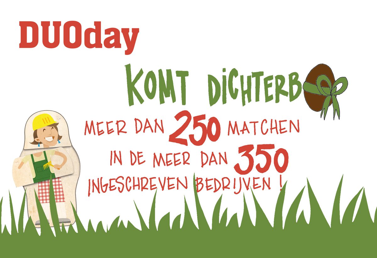 #DUOday2018 komt dichterb-ei
Nu al meer dan 250 DUO's, meer dan 350 ingeschreven bedrijven, goed op dreef! Geniet met volle teugen van je paasweekend, daarna gaan we er weer met extra energie tegenaan. Inschrijven kan nog tot volgende week vrijdag 6/4 via duoday.be