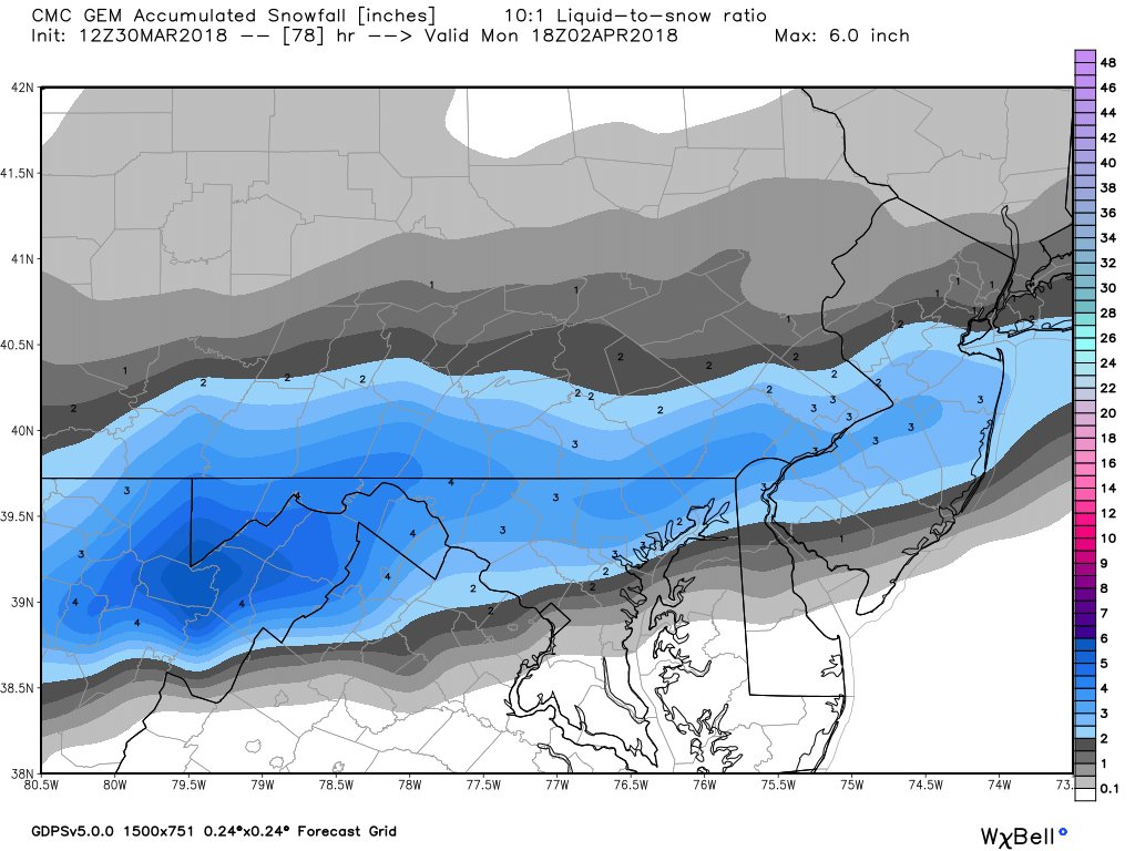 ttasselWBAL's tweet photo. Rumbles of thunder today signal a return to colder, possibly wintry weather.  GEM, GFS, NAM all show more snow here late Sunday night into Monday morning. #YearWithoutASpring https://t.co/s59a0J2OGy