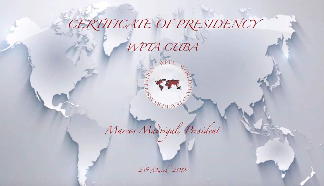 MadrigalPiano's tweet photo. WPTA CUBA:

Fundada la World Piano Teachers Association Cuba!!!
Un gran honor para mi ser su Presidente y una nueva puerta que se abre para la escuela pianística cubana! #WPTACuba #PianoenCuba #PianistasCubanosenelMundo #MarcosMadrigal #President #GrandesProyectos #LlenodeSueños https://t.co/0PV7NuN20H