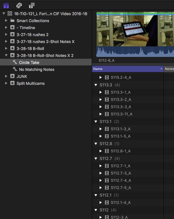 Before ShotNotes X <a href="/KoptoStudios/">ShotNotesX</a> and <a href="/MovieSlate/">Movie★Slate</a>, it took a half a day to tag shots without jam timecode. Now matching notes on days worth of rushes takes mere moments. Highly Recommended #aLittleTooEasy #FCPX ;)