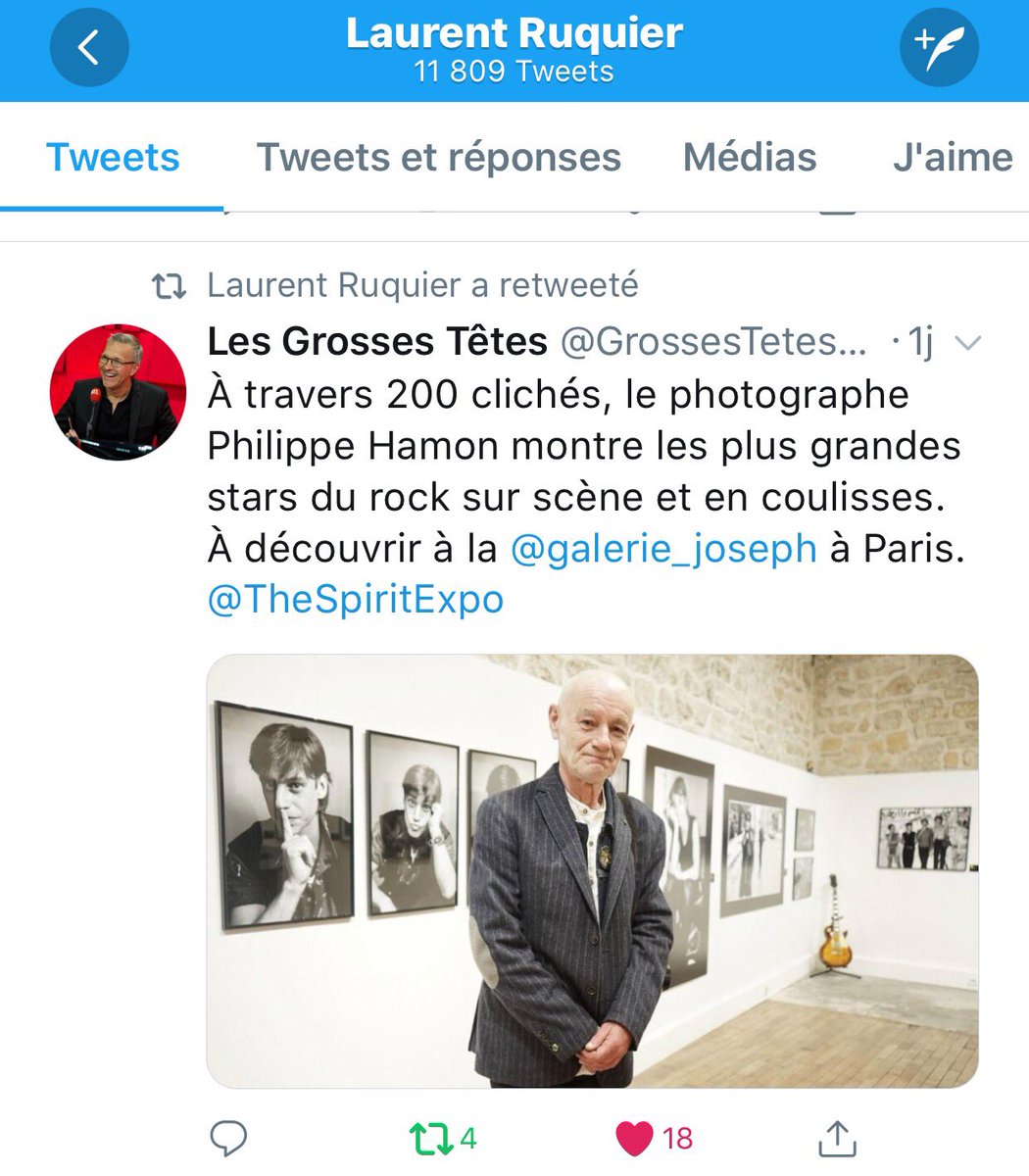 Merci @ruquierofficiel et @GrossesTetesRTL pour ce tweet et l’annonce dans l’émission ! Et merci à #philippemanoeuvre évidemment ! #Exposition #Paris #rock @ColfabStef @galerie_joseph