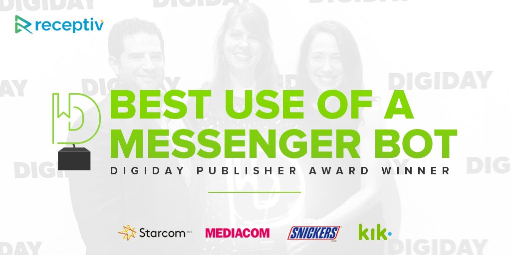 receptivvideo's tweet photo. Proud and excited to have won the #DigidayAward for Best Use of a Messenger Bot @StarcomWW @Digiday https://t.co/oN7uHnvOtz