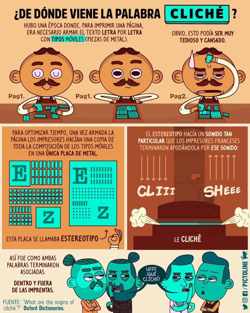 pictoline's tweet photo. "Vaya cliché", "Puro cliché", "Eso ya es un cliché"
Y a todo esto, ¿de dónde viene la palabra "cliché"?

Esta es la historia (cliché): https://t.co/ALhlx0DPb3