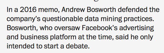 WOW.
‘Maybe someone dies’: Facebook VP #AndrewBosworth justified bullying, terrorism as costs of ‘growth’
washingtonpost.com/news/the-switc…
