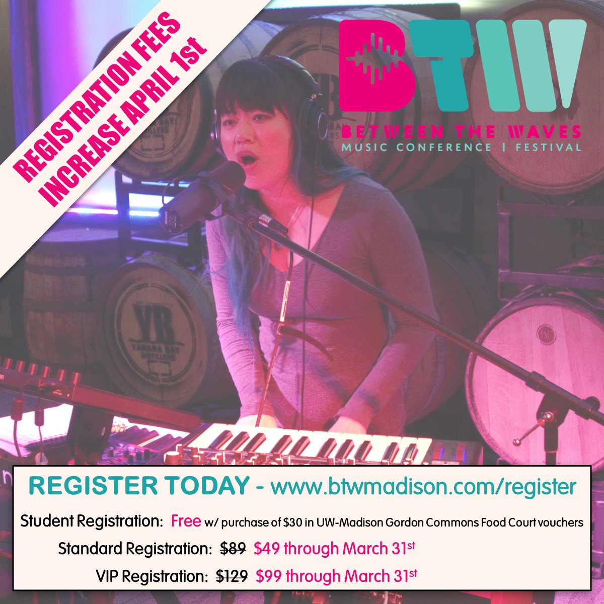 BTWMadisonWI's tweet image. REGISTER FOR BTW 2018 BEFORE APRIL 1 to take advantage of early bird pricing!
   
Student: Free w/ purchase of $30 in UW-Madison Gordon Commons Food Court vouchers
Standard:  $49 through March 31st ($89 value)
VIP:  $99 through March 31st  ($129 value)
   
btwmadison.com/register