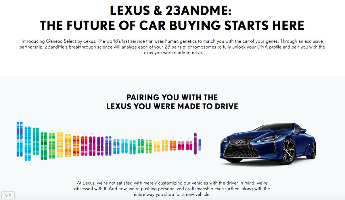 CaulfieldTim's tweet photo. Picking your car via DTC testing? #GeneticSelect by @Lexus is a joke, yes? https://t.co/Ie7eMcHyIE There are so many absurd, science-free DTC products, it hard to tell! #Satire? @DrMJoyner @cecilejanssens @YoniFreedhoff #Scienceploitation insanity! via @CharlesTam https://t.co/JPKSrDnAkd