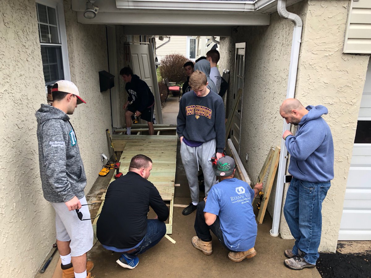 PiKappaPhi_WCU's tweet photo. Today goes down as a huge milestone in Zeta Nu history. Roughly two months ago a girl named Amanda McCoy was paralyzed from the waste down. Over 30 of our brothers traveled from West Chester to Bucks County to build exterior ramps, and provide other help to the McCoy family. https://t.co/85YoNZThXm