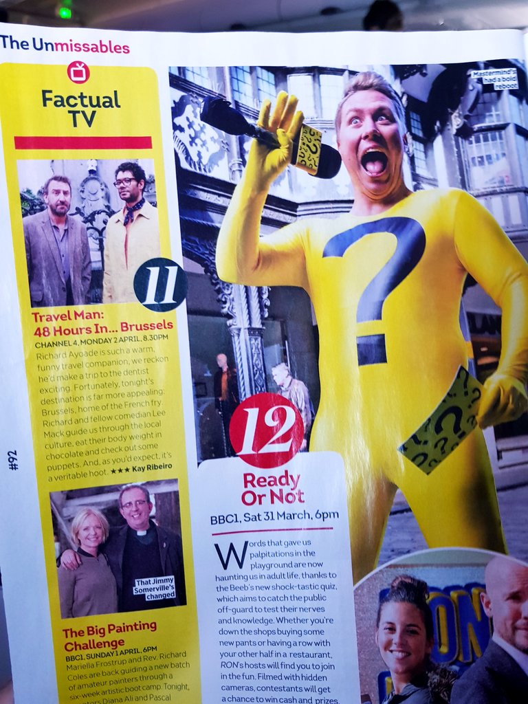 JamesBurstall's tweet photo. Unmissable. Great to find this full page spread in today's #Heat magazine. #ReadyorNot #premieres #EasterSaturday 6pm #BBCOne @remedytv @Argonon @ArgononInt #mip #tv #comedy #mipformats https://t.co/uFD28DQDZW