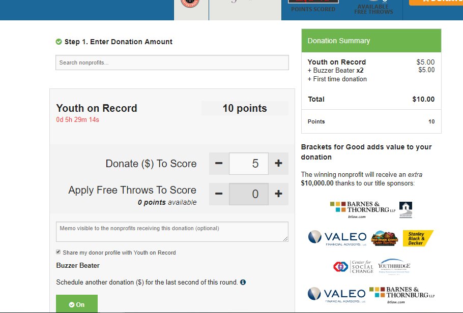 Will you RETWEET?! : ) We need your help more than ever!
5 1/2 hours to go! Bracket Style Fundraising! Help us move on to the FINAL 4.

Make a $5 Donation, turn on the Buzzer Beater. This will schedule another $5 for you &amp; will hit the scoreboard at 8:01pm bit.ly/YORBrackett