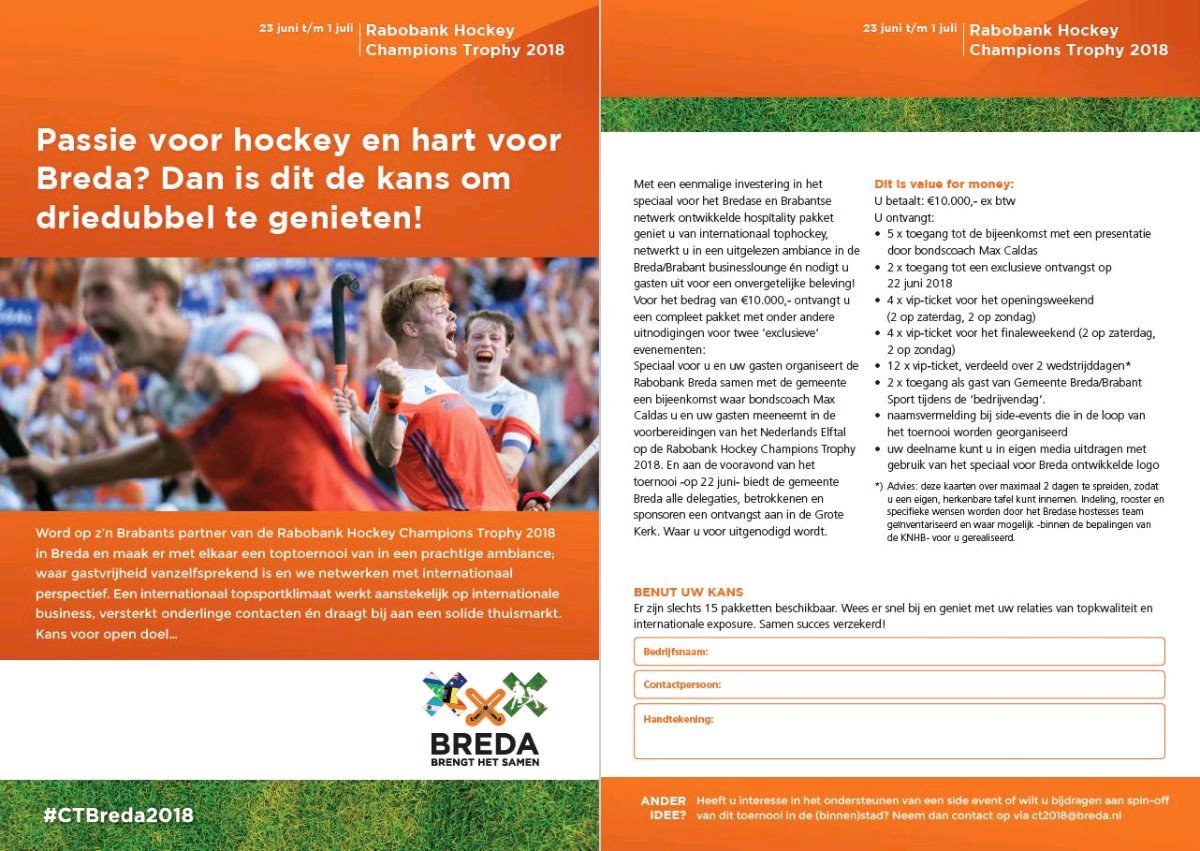 jurgenkoevoets's tweet photo. Passie voor hockey en hart voor @Breda? Dan is dít de kans voor bedrijven uit Breda en omstreken (en verder weg 😊) om straks eind juni driedubbel te kunnen genieten van de Champions Trophy! Interesse? Mail naar ct2018@breda.nl en wij nemen zsm contact met u op! @ctbreda2018 https://t.co/aggX6OIptV
