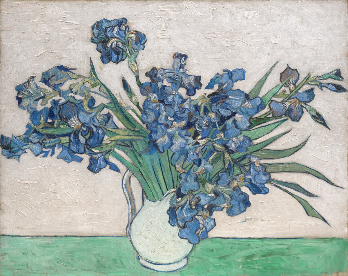 Today is Vincent van Gogh's 165th birthday. In 'Irises,' on view at #ParksandGardens, Van Gogh sought a soft effect by placing the “violet” flowers against a “pink background,” which have since faded owing to his use of fugitive red pigments. met.org/2GAp9yx