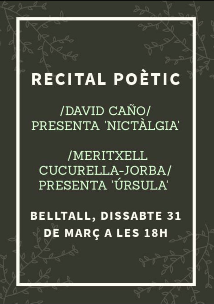 Demà dissabte, terrícoles a La Conca de Barberà! David Caño i Txell Cucurella-Jorba reciten a Belltall :)