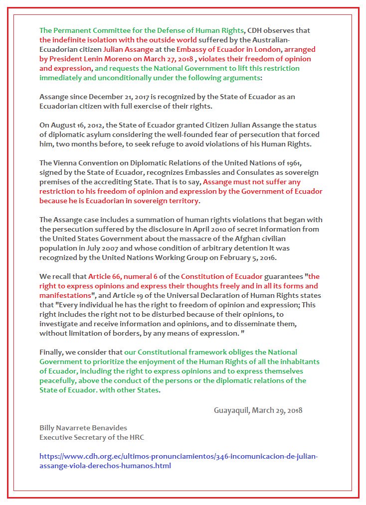 wikileaks's tweet photo. Ecuadorian Human Rights Commission Statement https://t.co/DPeSOLsoGb https://t.co/Q78jkmkT39