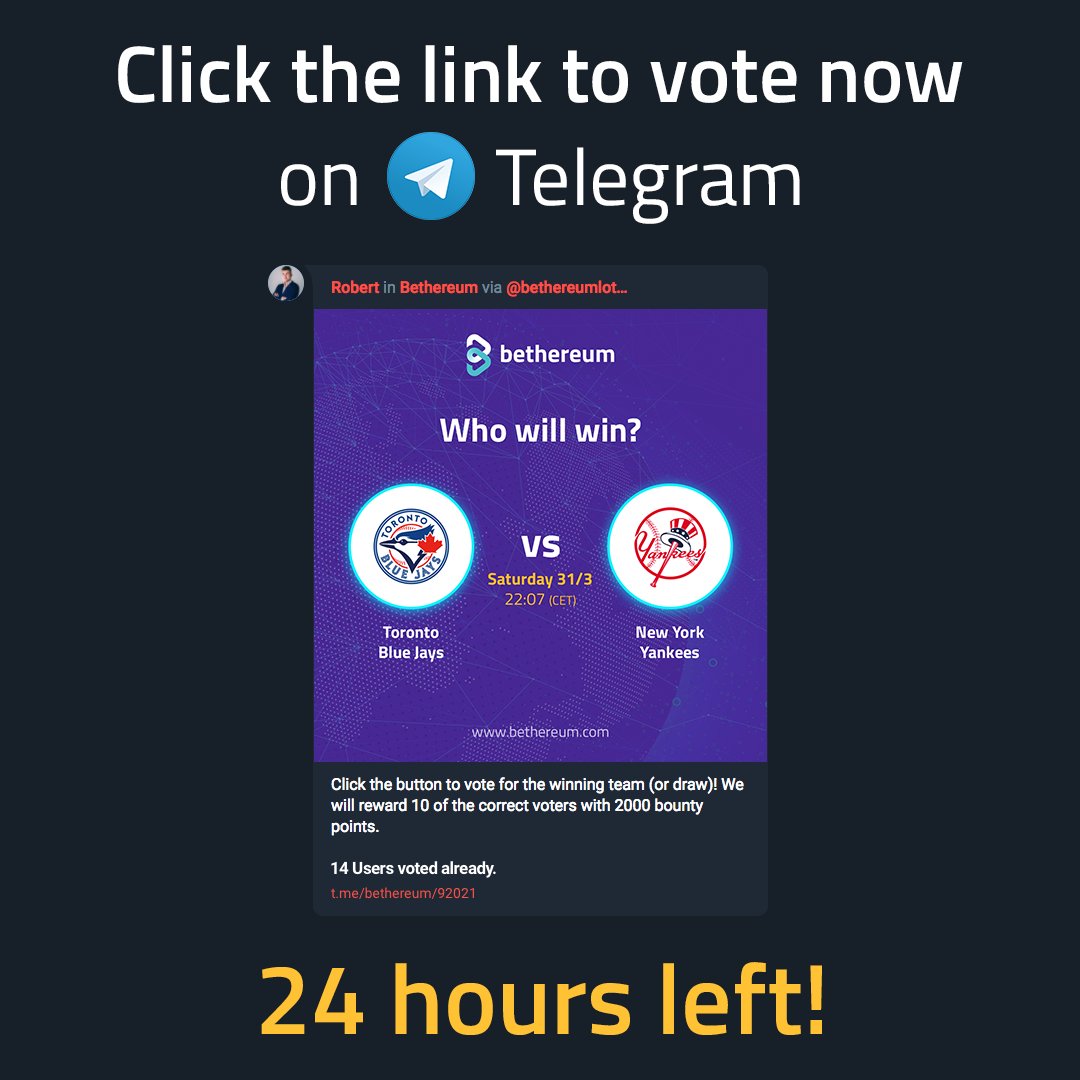 Click the link and vote for the winning team of tomorrows #baseball match! ⚾️
10 correct voters will be picked and awarded 1000 points.
t.me/bethereum/92021
#sports #MLB #MajorLeagueBaseball #Yankees #NewYorkYankees #YankeesWin #BlueJays #NewYork #game #Toronto #gaming #Vote