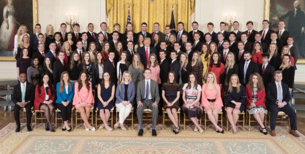 PhCrowther's tweet image. The White House has released this photo of Trump with the White House spring interns. Diversity this ain’t.