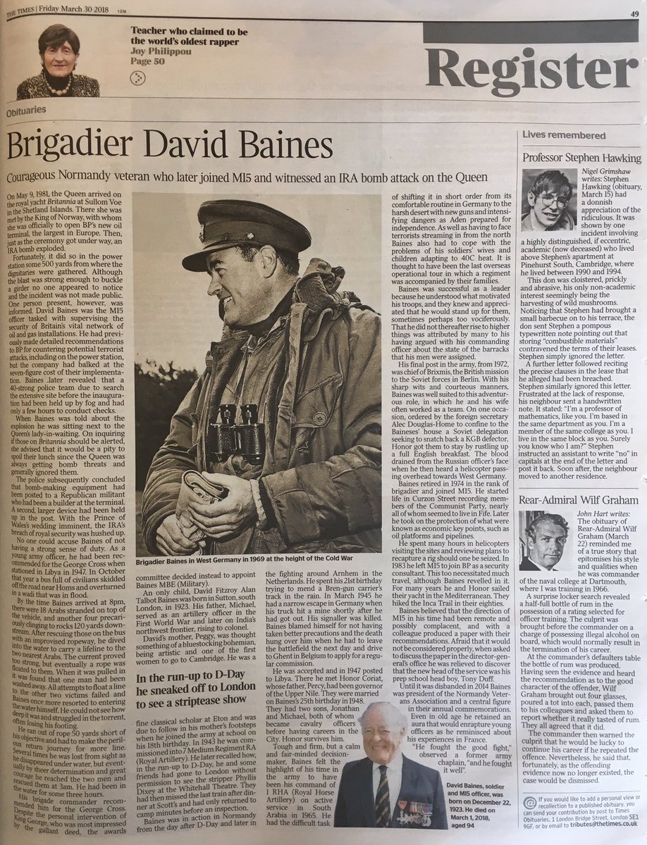 OllieBaines's tweet photo. Proud to see my late grandfather's obituary published in @thetimes today. Hard to compete with the heroics of his generation. A wonderful man who led a fascinating life, and is greatly missed. Commanded #1RHA in Aden, and Brixmis #MI5 in #ColdWar. @BritishArmy @ArtilleryRoyal https://t.co/RBKQTeIJE8