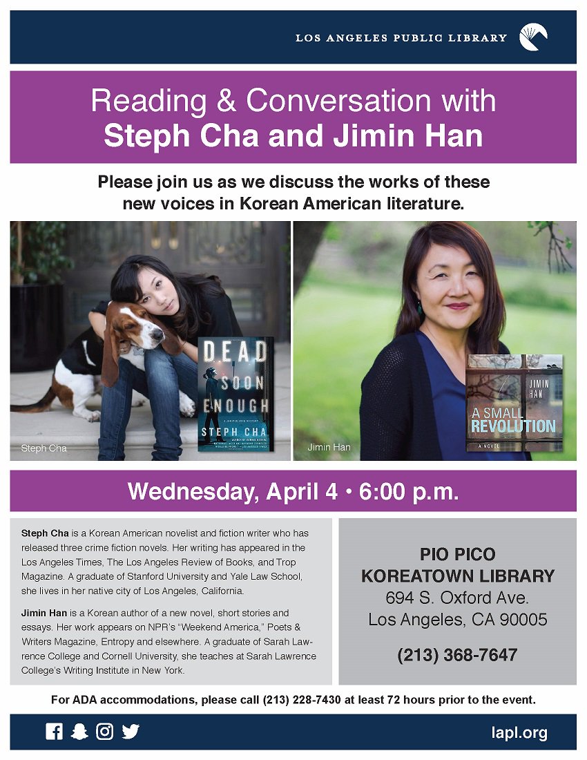 KA_Story's tweet image. People in LA, go support these amazing Korean American women writers, @jiminhanwriter and Steph Cha, in K-Town Public Library this coming Wednesday. Post pics if you go!