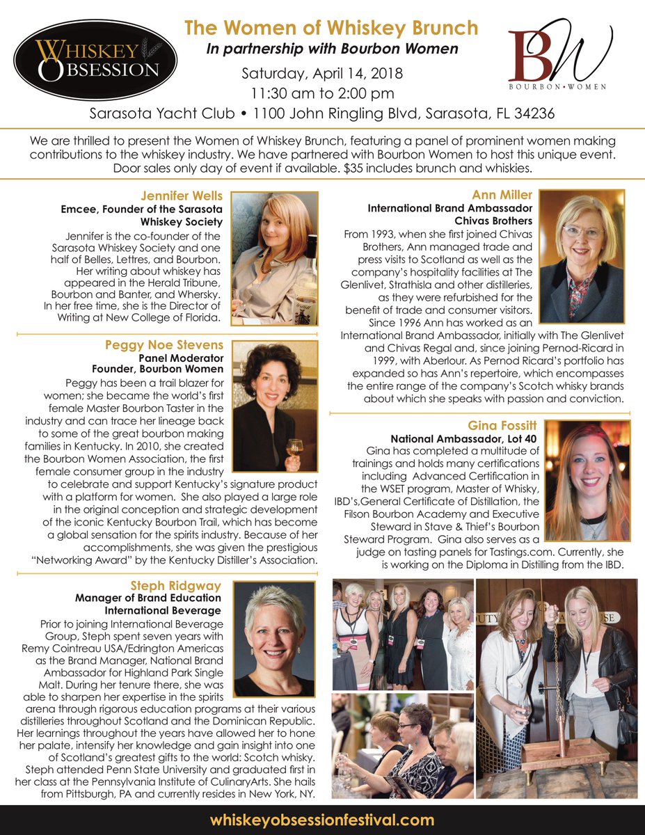 New for 2018!  Women of Whiskey Brunch, Sat 4/14 in Sarasota, FL.  Join five women making an impact in the world of whiskey.  $35 includes brunch and 6 whiskies.  whiskeyobsessionfestival.com.  #bourbon  #canadianwhisky #SingleMalt #scotch #cocktails #Sarasota
#SRQ #brunch #whisky