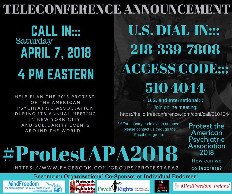 lauren10e's tweet photo. #ProtestAPA2018 next call April 7 2018 @4PM Eastern 2182297808 code 5014044# Join us. https://t.co/4SywvOtz1o