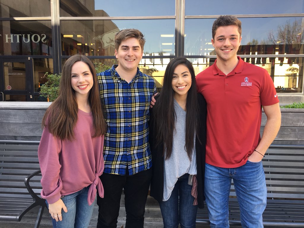 UARKASG's tweet photo. Congratulations to the newly elected ASG Exec Team: President JP Gairhan, Vice President Abigail Walker, Treasurer Isamar Garcia, and Secretary Luke Humphrey! They will officially take office at the end of the semester. https://t.co/KbP6UnbaoG
