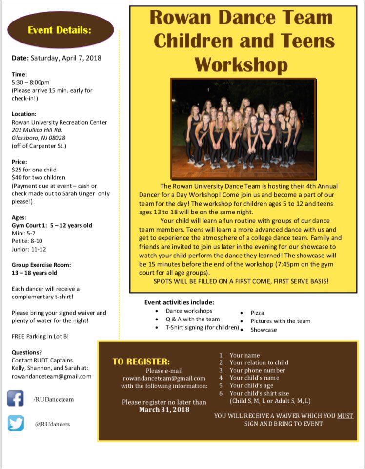 Make sure to sign up!! Registration is still going on! Saturday, April 7th, RUDT will be holding our annual Dancer for a Day! Ages range from 5-18 years old. The workshop starts at 5:30 and ends at 8. Please email rowandanceteam@gmail.com to sign up!! We hope to see you there!
