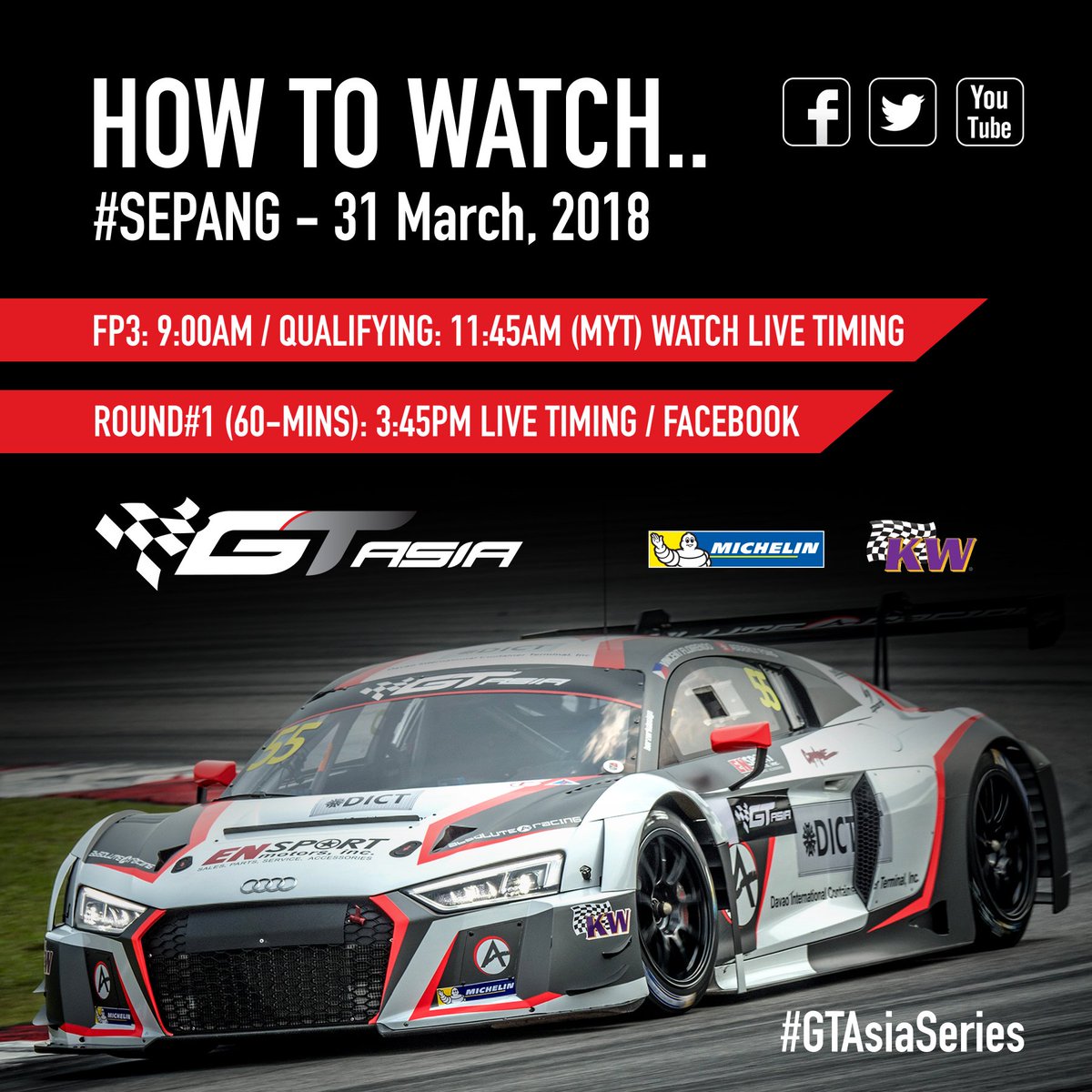 GTAsiaSeries's tweet photo. We're back at @sepangcircuit in beautiful Malaysia 🇲🇾 for the first two rounds of the 2018 @GTAsiaSeries join us today through Facebook at GTAsiaSeries and via LIVE TIMING https://t.co/dI2qPVKhBL ⏱️ https://t.co/sDA65V4M3I