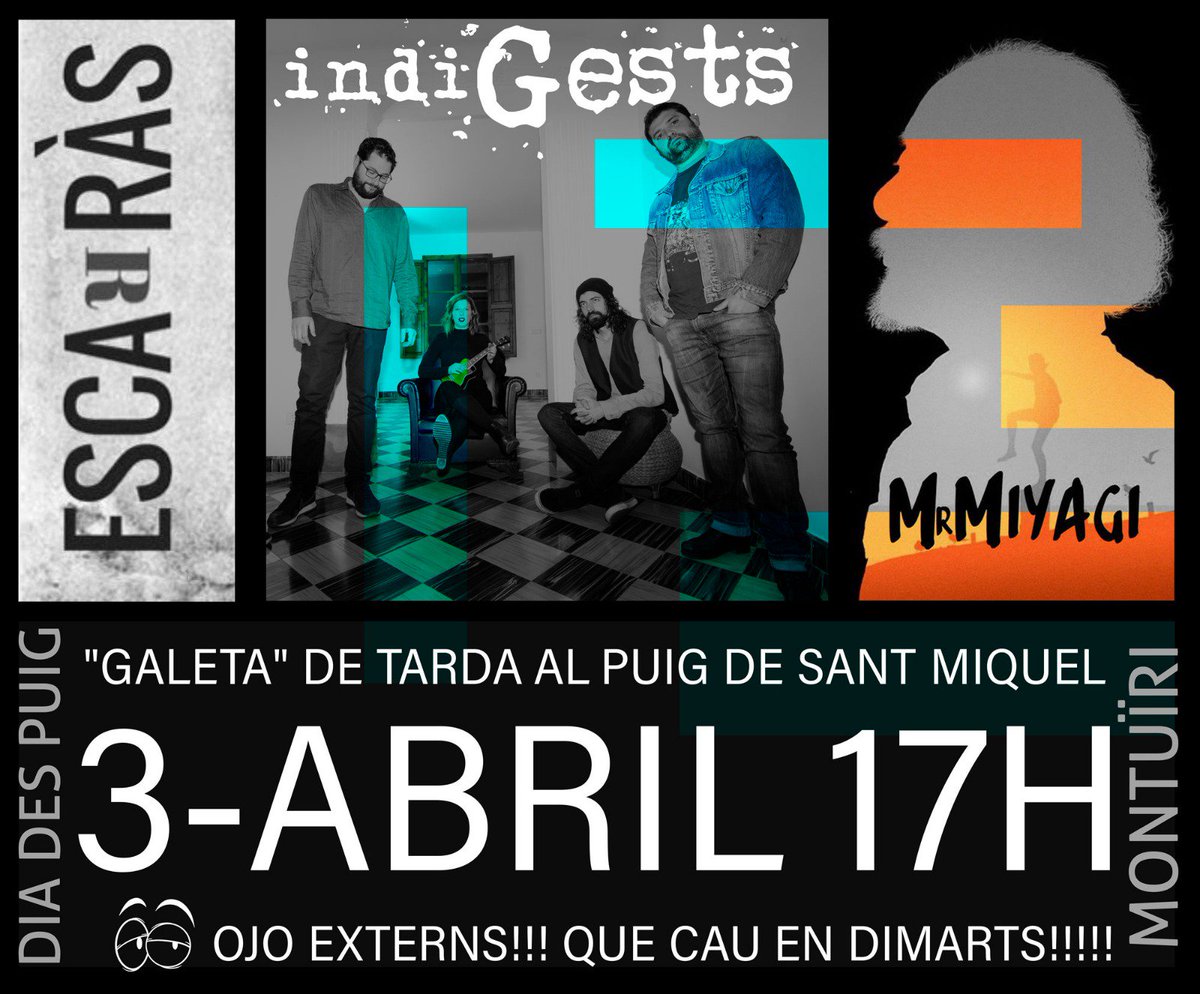 indiGests's tweet photo. Rock a n'es Puig!
Ja no hi haurà excusa, enguany el clàssic concert del Dia des Puig el farem allà d'alt.
#Escarràs #IndiGests  #MrMiyagi a partir de les 17h. Vos hi esperam a tots! https://t.co/8DMq2oePw6