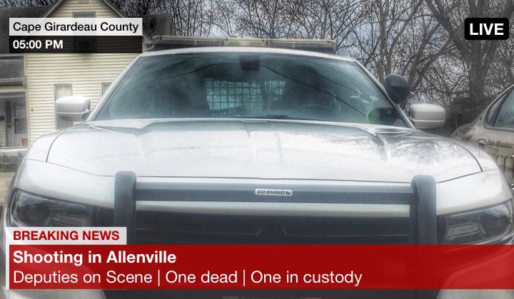 CapeSheriff's tweet photo. Cape Girardeau County Sheriff's Deputies are on the scene of a shooting that has taken place in Allenville, Missouri. The call came in at 5:01 p.m. One person is confirmed dead, and one individual has been placed into custody. No names released at this time. https://t.co/umbxFxu3Jh