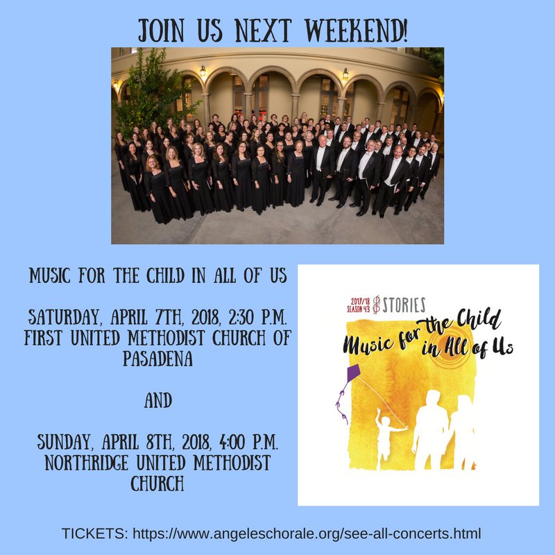 Musical fun for all ages! Join us next weekend for Music for the Child in All of Us!

#angeleschorale #musicforthechildinallofus #choralmusic #pasadena #northridge #fumcpasadena #northridgeunitedmethodist