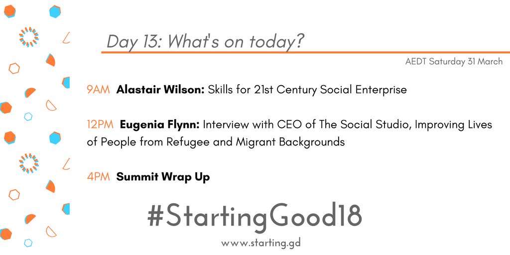 Starting_Good's tweet photo. Final day of the #StartingGood Social Enterprise Virtual Summit! But don't worry, you still have access to our 30 sessions for #changemakers until 7 April!
Who's been enjoying the Summit so far?
https://t.co/PwwoPhmDBl
@SchSocEnt #StartingGood18 #socent #socialenterprise https://t.co/tDfz7gcDNc