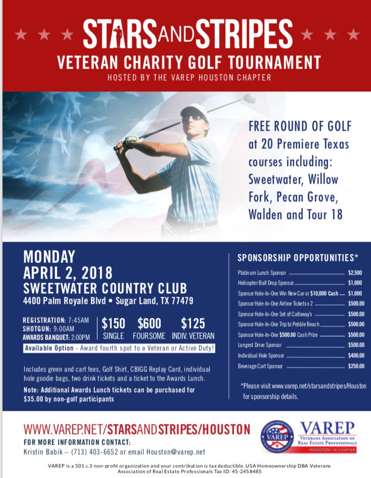 askrecy's tweet image. The 4th Annual VAREP Stars &amp;amp; Stripes Charity Golf Tourny is on Monday, April 2nd at Sweetwater Country Club.  Open to anyone .
Registration begins at 7:45 am. Shotgun start at 9 am. The Awards Ceremony will begin at 2 pm. To confirm your spot, go to 

varep.net/starsandstripe… …