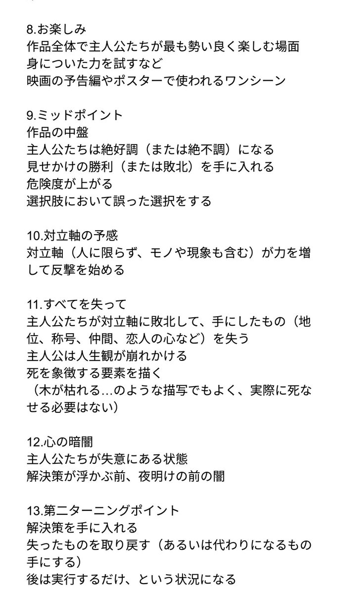 Kuro 地図の時間 言葉集めの冒険譚 Steam Dlsite発売中 Op Twitter 映画脚本術 Save The Catの法則 で私が参考にしているログラインとシナリオプロットの各ポイントです 1 15の番号はシナリオの進行度に対応しています ジャンルに関わらず応用できる内容と感じ